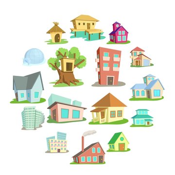Houses icons set. Cartoon illustration of 16 houses vector icons for web