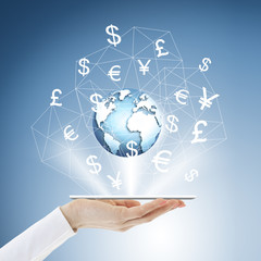 Best Internet Concept of global business from concepts series. Touch screen, hands, globe. Phone on the palm, currency icons, lines, links, connect
