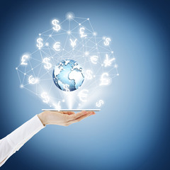 Best Internet Concept of global business from concepts series. Touch screen, hands, globe. Phone on the palm, currency icons, lines, links, connect