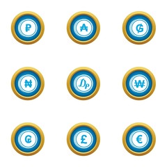 Coins of the world icons set. Flat set of 9 coins of the world vector icons for web isolated on white background