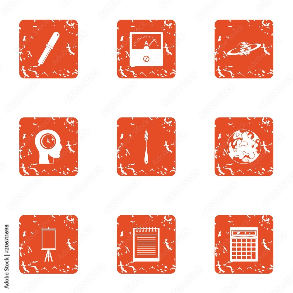 Poster study of the earth icons set. grunge set of 9 study of the earth vector icons for web isolated on wh