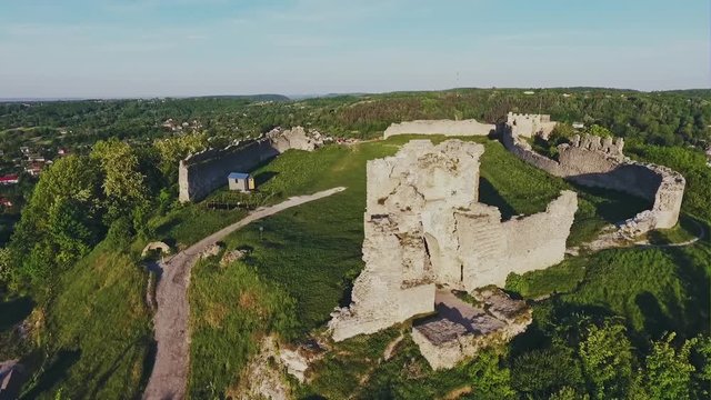 Ruins of a fortress Bona in Kremenec. Western Ukrain - aerial view