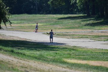 A man trains rope skipping in a park in Berlin Germany