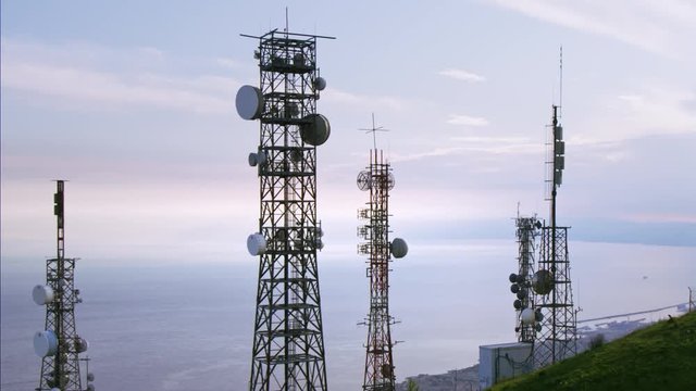 aerial view of telecom antennas telecommunications towers on mountaintop