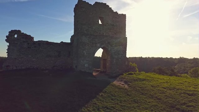 Ancient castle ruins built in 12th century, Kremenets, Ternopil region, Ukraine - aerial view