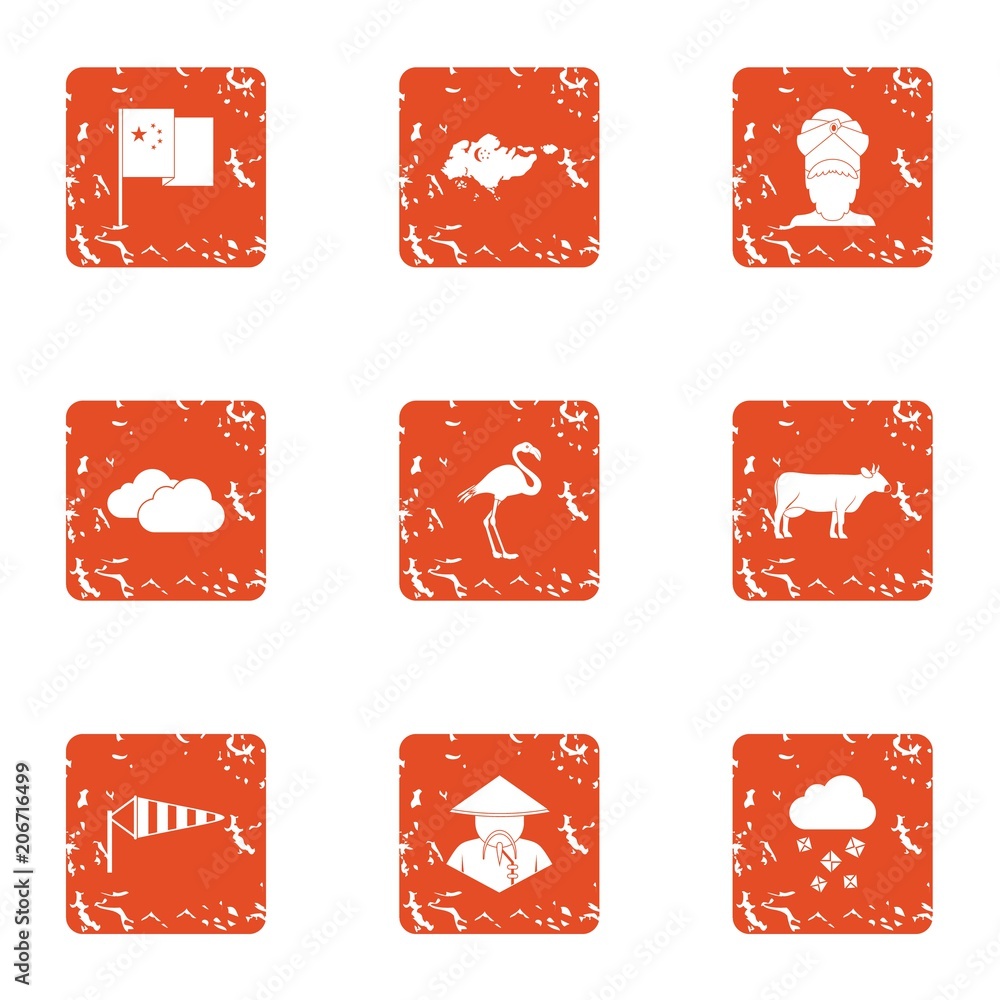 Poster asian rustic icons set. grunge set of 9 asian rustic vector icons for web isolated on white backgrou