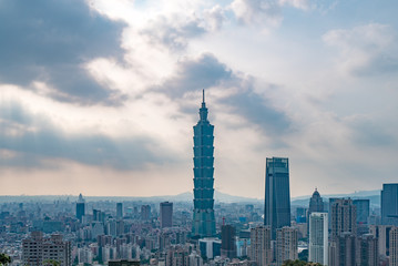 Taipei, Taiwan - May 20, 2018: Aerial panorama over Downtown Taipei with Taipei 101 Skyscraper, Landmark buildings of Taipei
