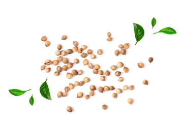 Coriander seeds decorated with green leaves isolated on white background top view