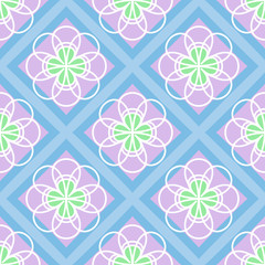 Bright, motley pattern of white flowers on a pink and blue squares. Seamless pattern vector illustration.