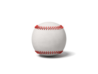 3d rendering of a single white baseball with red stitching throwing a shadow on a white background.