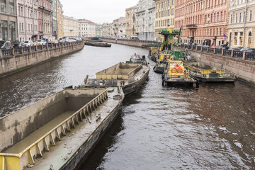 Traffick of barges on Neva river, St Petersburg, Russia