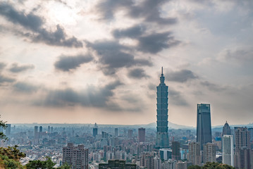 Fototapeta na wymiar Taipei, Taiwan - May 20, 2018: Aerial panorama over Downtown Taipei with Taipei 101 Skyscraper, Landmark buildings of Taipei