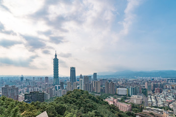 Fototapeta na wymiar Taipei, Taiwan - May 20, 2018: Aerial panorama over Downtown Taipei with Taipei 101 Skyscraper, Landmark buildings of Taipei