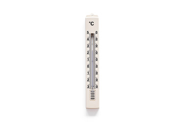 Termometer for measuring temperature outdoor on white background top view copy space