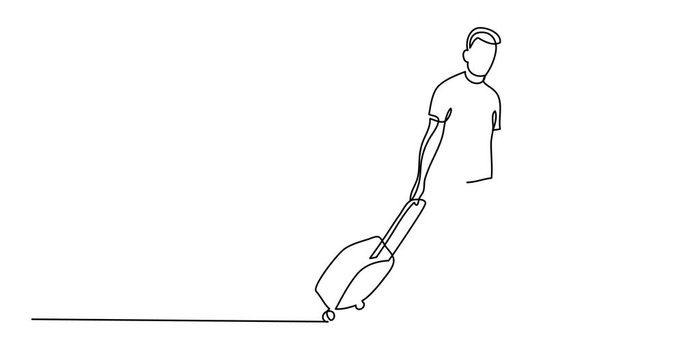 Self drawing animation of continuous line drawing of traveler walking rolling bag on wheels