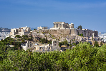 Greece, Athens: Panoramic skyline view of famous Acropolis with Parthenon, Erechtheum, Temple of...