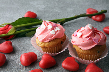 Delicious cupcake for Valentine Day. cake for Valentines day with chocolate and strawberries. Traditional homemade with red roses
