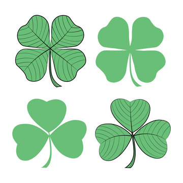 Set of clover hand drawn icons. St. Patrick's day symbols.