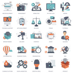 Set of flat design icons for business, pay per click, creative process, searching, web analysis, time is money, on line shopping. Icons for website development and mobile phone services and apps.