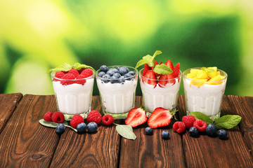 Yogurt and berry. Fresh fruit yogurt with fresh berries and peaches