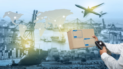 World map with logistic network distribution on background, Logistic and transport concept in front industrial container cargo freight ship for concept of fast or instant shipping, Online goods orders