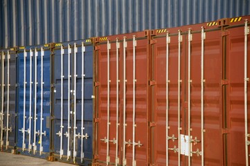 Cargo containers stacked in port. Container port or terminal.