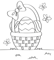 Basket with Easter eggs. Black and white vector illustration for coloring book