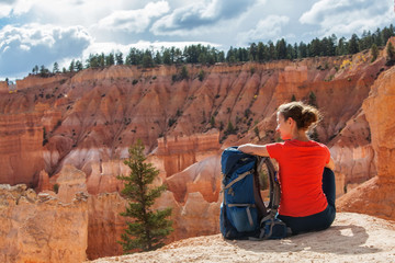 Hiker visits Bryce canyon National park in Utah, USA
