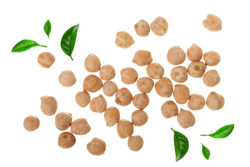 soybeans decorated with green leaves isolated on white background top view