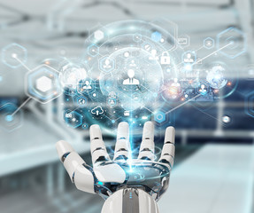 White robot hand using digital screen interface 3D rendering