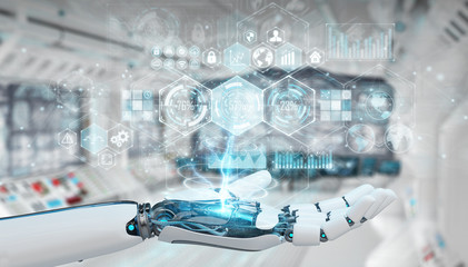 White cyborg hand using digital datas interface 3D rendering