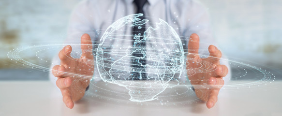 Fototapeta premium Businessman using globe network hologram with Europe map 3D rendering