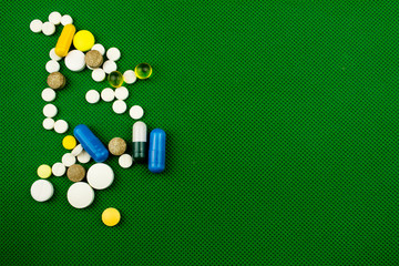 Free space for text Pills vitamins and tablets. Medical and Healthcare concept