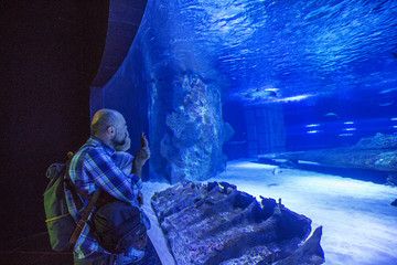 Family observing fish at the aquarium
