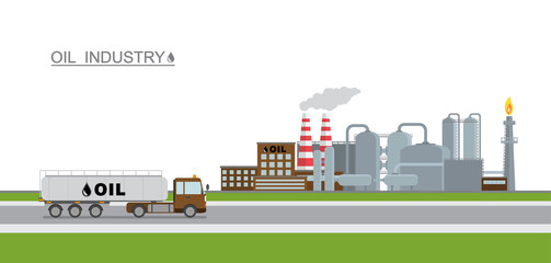Oil refinery and tank truck on white background.