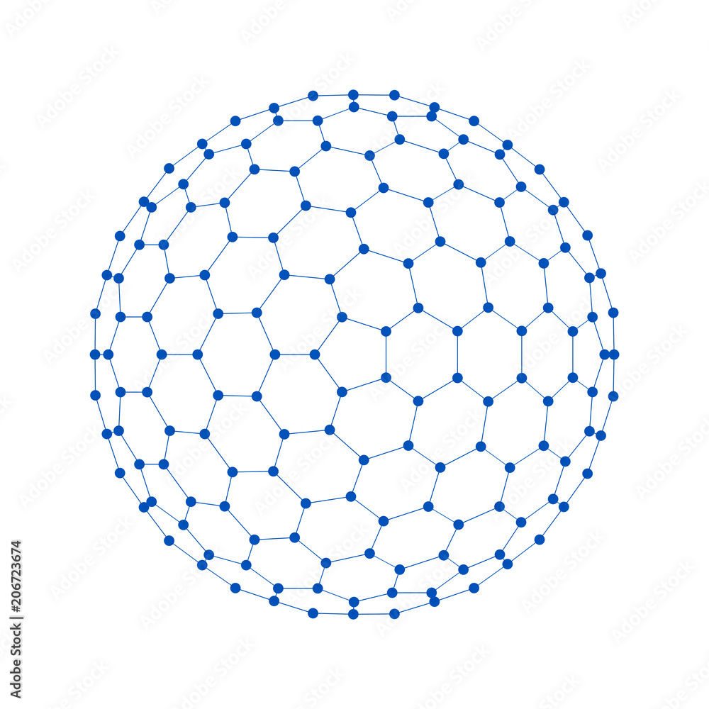 Poster blue sphere. network connections with points and lines on white background in technology concept. 3d