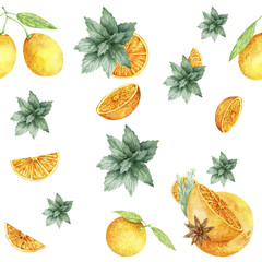 Watercolor seamless pattern of orange, cinnamon, mint fresh aquarelle hand drawm illustration color element geometric on white background