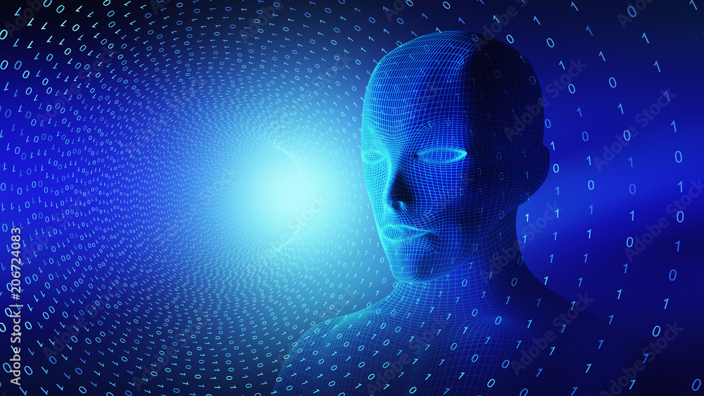 Poster human head with brain with binary code. wireframe model on black, artificial intelligence in futuris