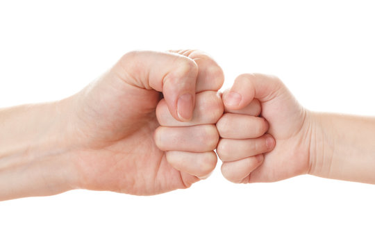 Woman And Baby Playing Love Competition With Hand Together Isolated On White, Love And Family