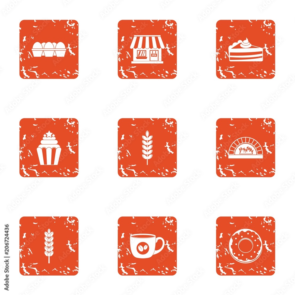 Poster store bakeshop icons set. grunge set of 9 store bakeshop vector icons for web isolated on white back