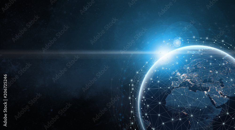 Wall mural global communication network concept network dots surrounding planet earth with focus on america. in