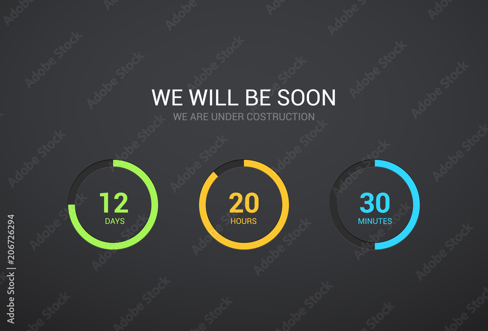 Aufkleber countdown timer design for website. clock timer design on dark background. coming soon app modern fl