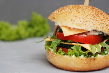 Fast food. Vegetarian Homemade Burger Cheese, Cucumber, Tomato and Lettuce, Salad. Tasty Sandwich for lunch Fresh Vegetables. Gray Textured background