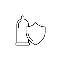 condom with shield. sex protection symbol line black icon.