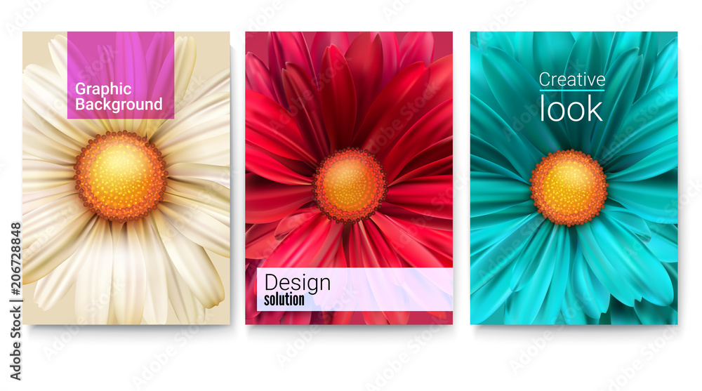 Poster set of spring covers with text design and bud of flowers close-up. fashioned background with pattern