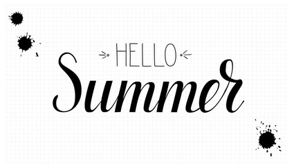 Design of calligraphic text hello summer. Handwritten lettering, brush pen script. Template for cover, invitation, advertisement of travel agency event.