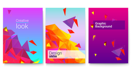 Set of covers, abstract geometric surfaces with text design. Trendy color on vector template of poster. Background with bright triangles for banners, 3D illustration.