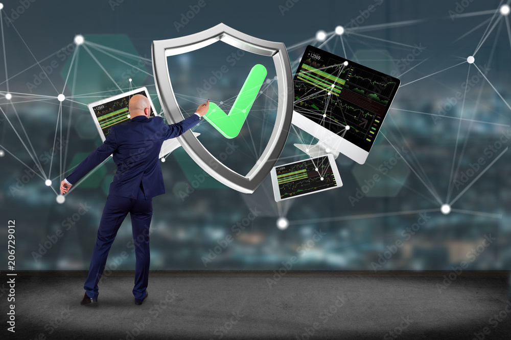 Poster shield symbol surrounded by devices and network displayed on a futuristic interface