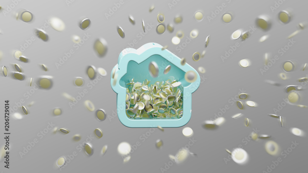 Poster house moneybox with coin surrounding all over on a background 3d rendering