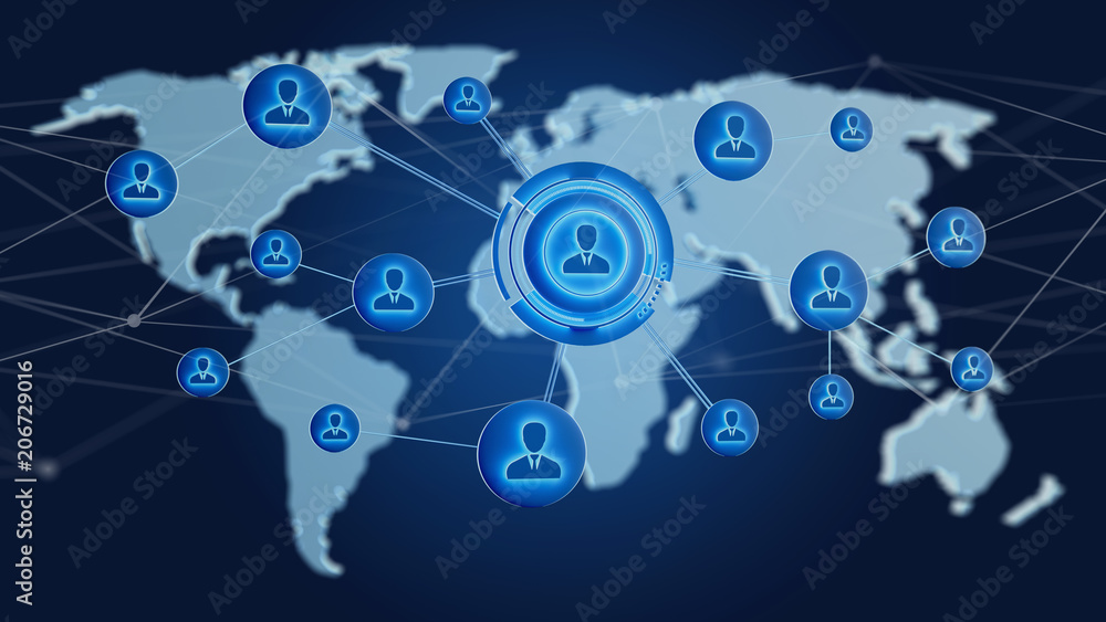 Poster network over a connected world map on a uniform background - 3d render